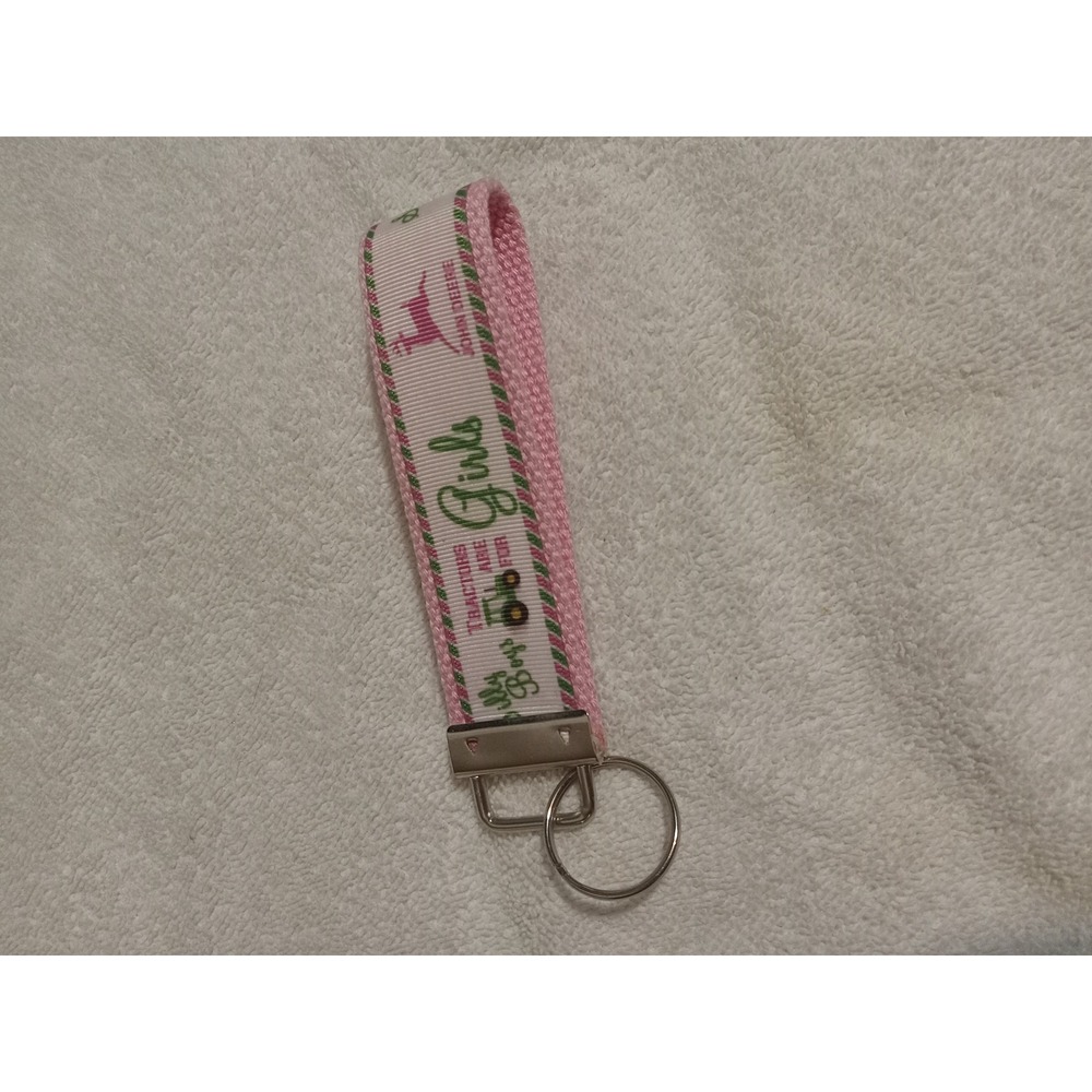 John Deere Tractors for Girls Keychain‎ Pink Ribbon Key Fob